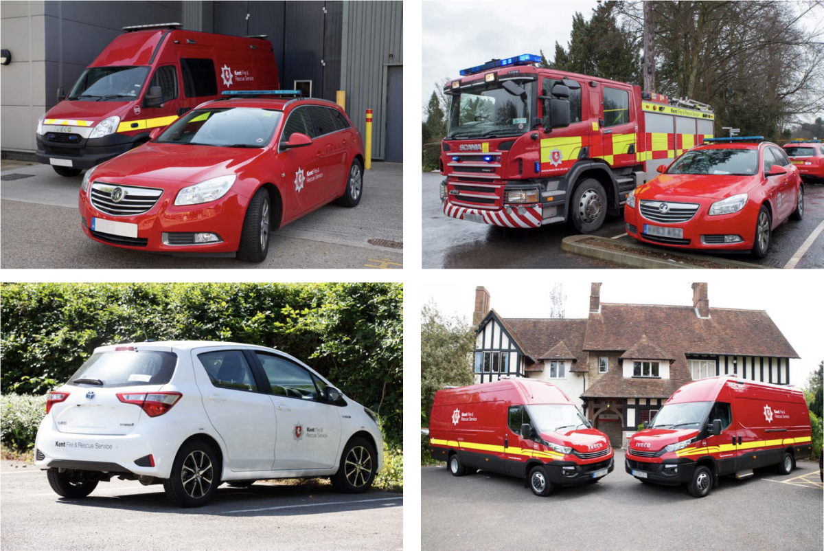 Kent Fire & Rescue livery on multiple vehicles